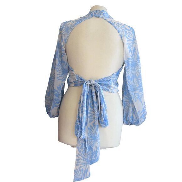 Amanda Uprichard Blue Floral Tie Back Top S Sheer High Neck Romantic *Minor Flaw - Picture 5 of 11